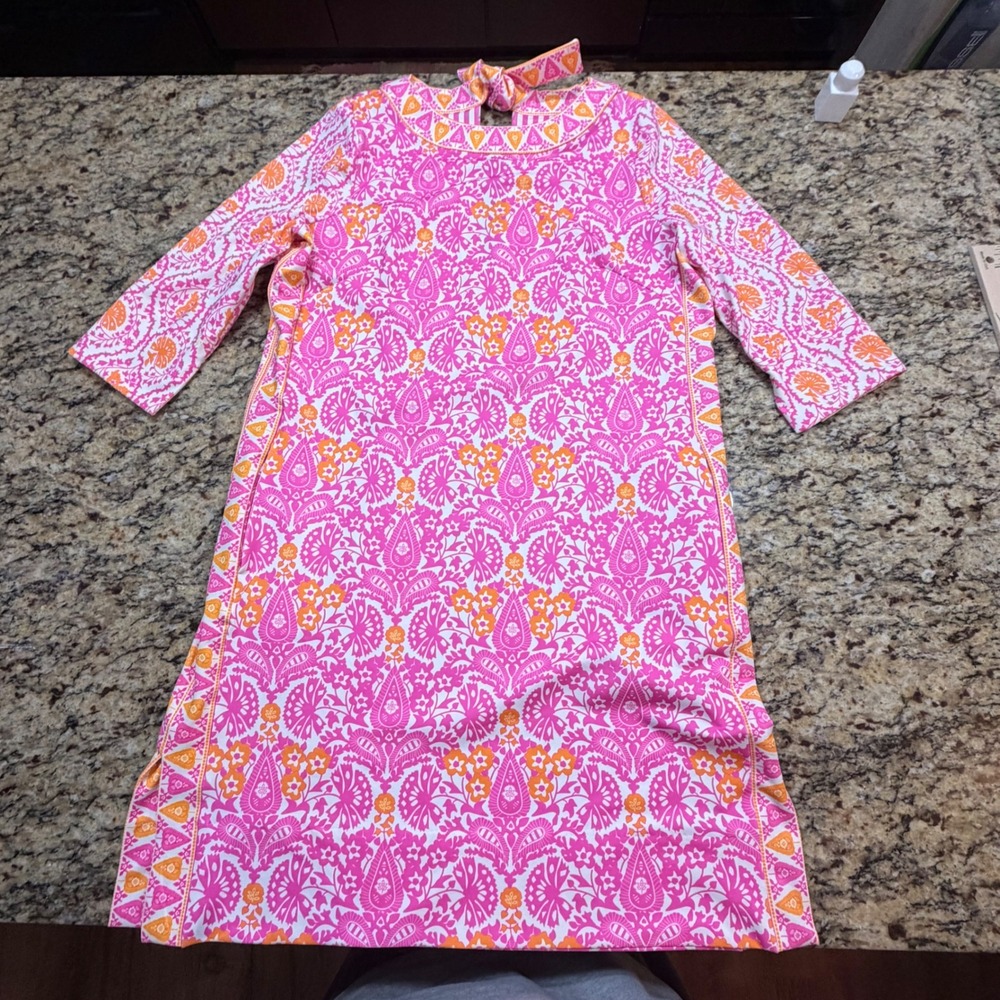 Gretchen Scott Pink Orange Paisley Shift Dress Back Tie Pockets L ws